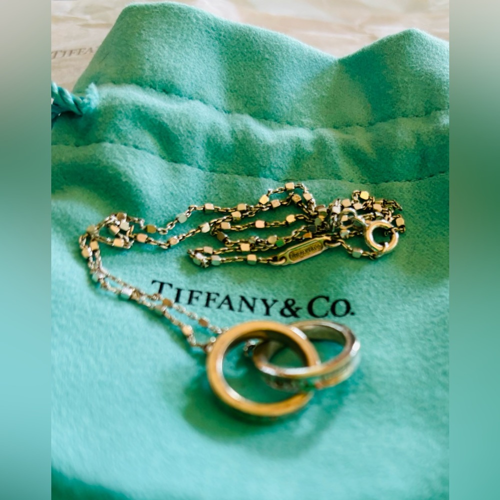 Tiffany & Co Interlocking Rings Pendant, Necklace with Box Chain, Dust Bag, Box